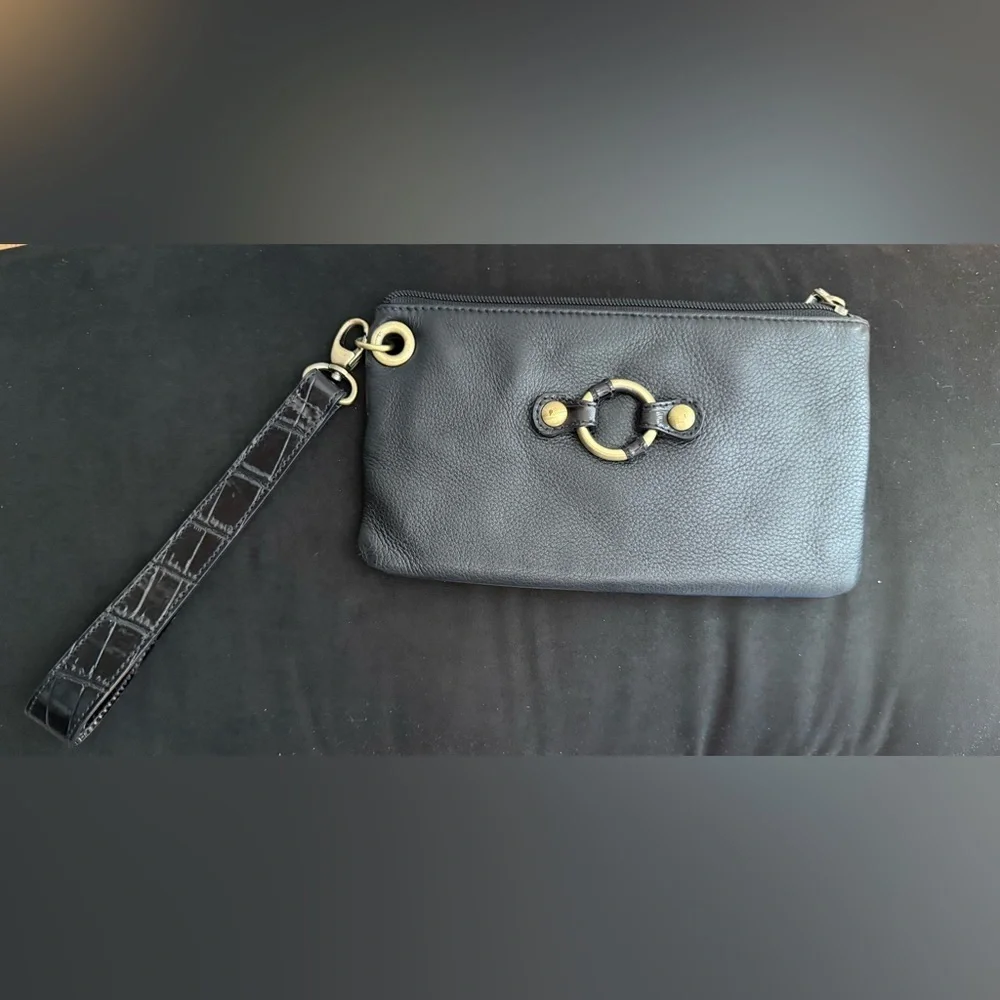 Clarks | Black Leather Clutch Wristlet | Gold Hardware - Picture 1 of 6